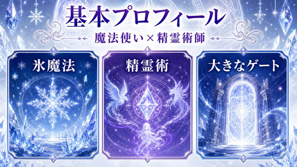 エミリアの基本プロフィールを魔法使い、精霊術師、氷魔法、大きなゲートで整理した図解