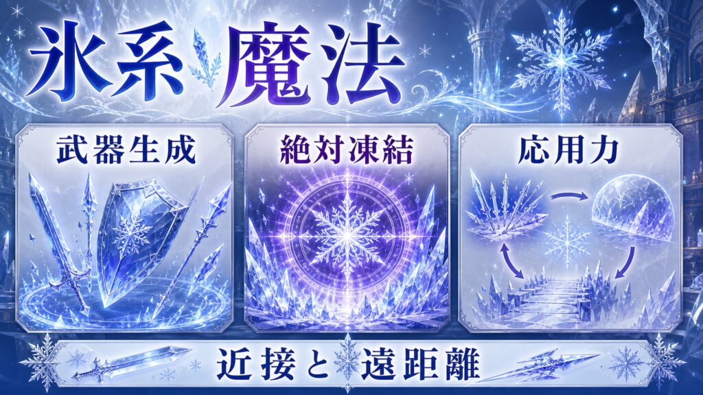 エミリアの氷系魔法を武器生成、絶対凍結、応用力、近接と遠距離で整理した図解