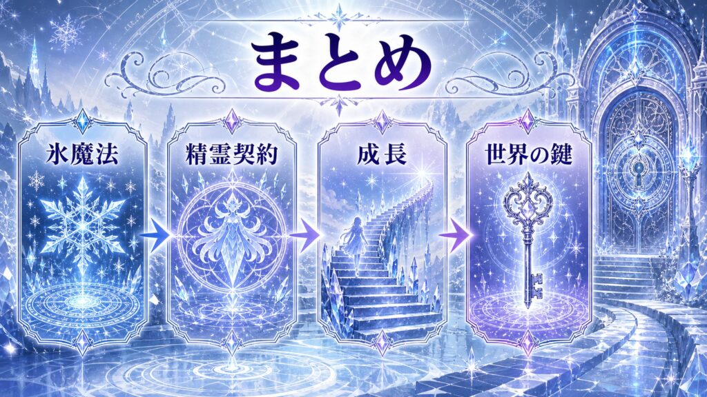 エミリアの強さのまとめを氷魔法、精霊契約、成長、世界の鍵で整理した図解