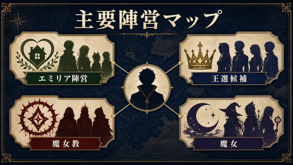 リゼロ主要陣営をエミリア陣営、王選候補、魔女教、魔女で整理した相関マップ