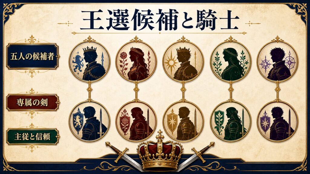 王選候補と騎士を五人の候補者、専属の剣、主従と信頼で整理した図解