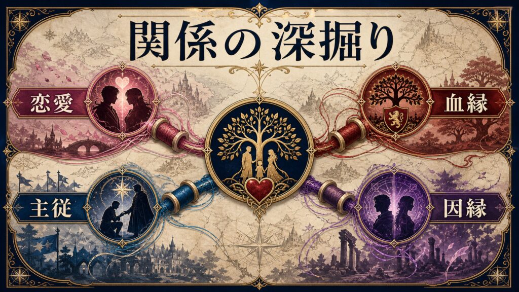 関係の深掘りを恋愛、血縁、主従、因縁で整理した図解