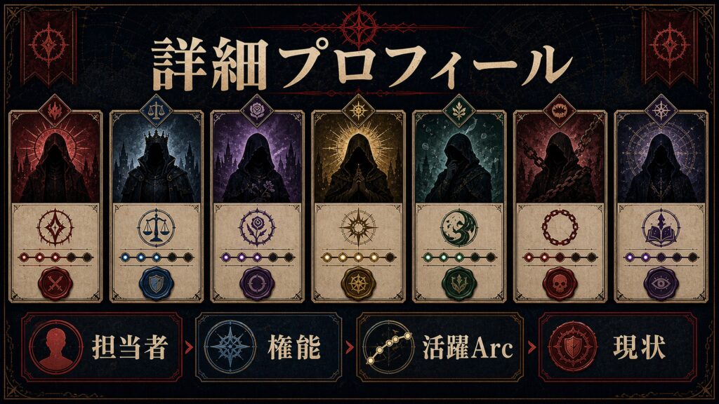 各大罪司教の詳細プロフィールを担当者、権能、活躍Arc、現状で整理した図解
