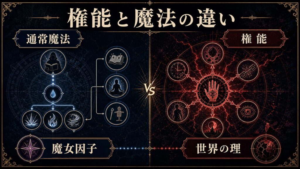 権能と通常魔法の違いを通常魔法、魔女因子、権能、世界の理で整理した図解