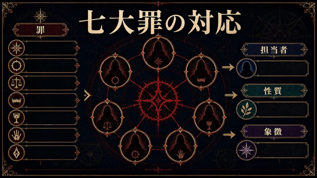 七大罪と大罪司教の対応関係を罪、担当者、性質、象徴で整理した図解