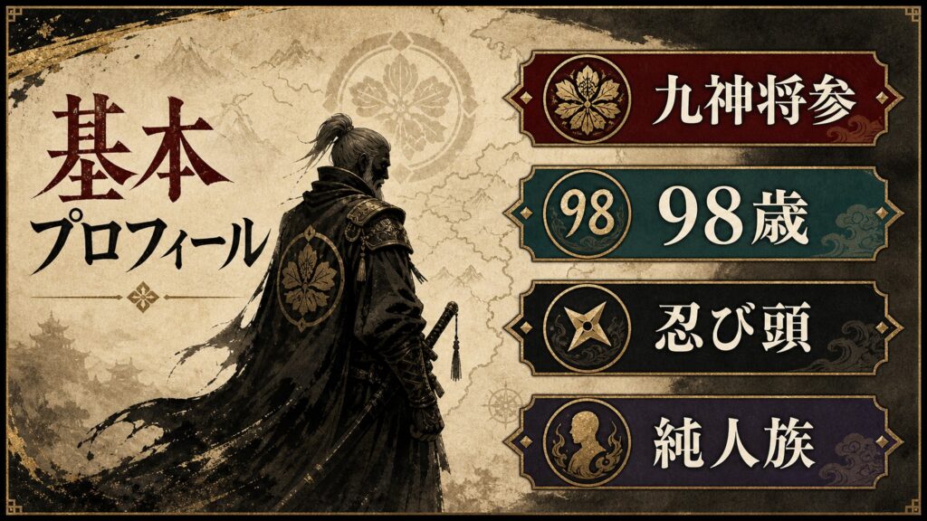 オルバルトの基本プロフィールを九神将参、98歳、忍び頭、純人族で整理した図解