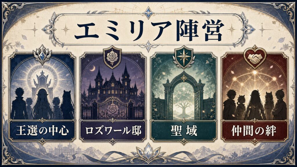 エミリア陣営のプロフィール一覧を王選の中心、ロズワール邸、聖域、仲間の絆で整理した図解