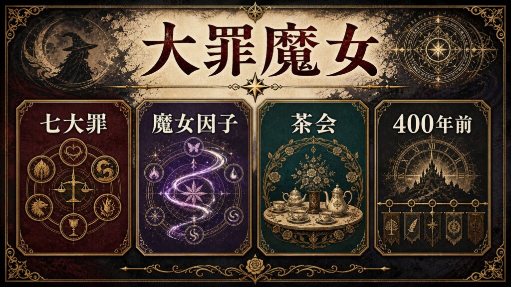 大罪魔女のプロフィール一覧を七大罪、魔女因子、茶会、400年前で整理した図解