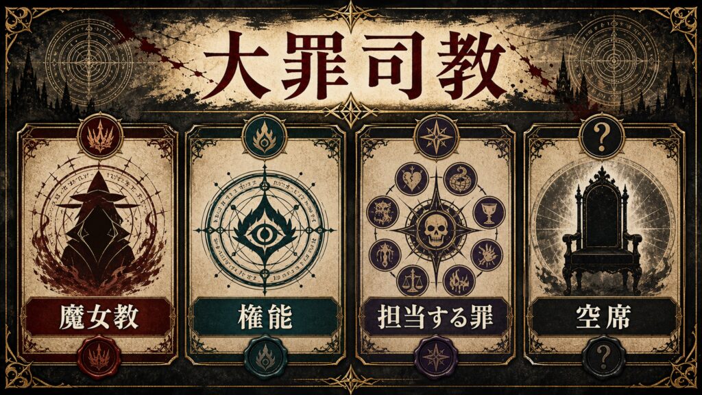 魔女教大罪司教のプロフィール一覧を魔女教、権能、担当する罪、空席で整理した図解