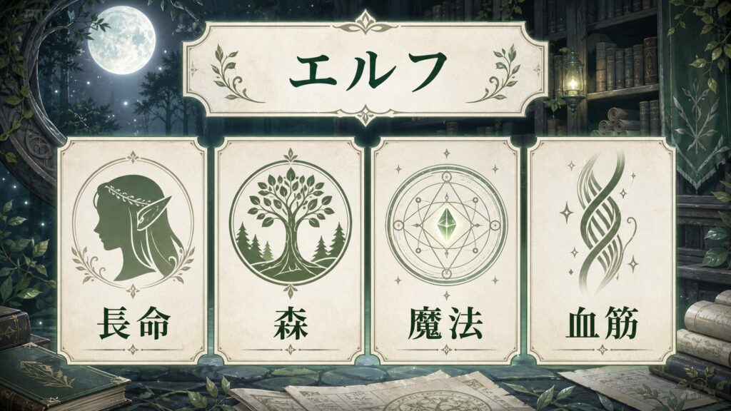 エルフを長命、森、魔法、血筋で整理した図解
