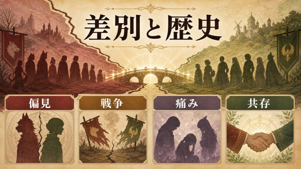 種族差別と対立の歴史を偏見、戦争、痛み、共存で整理した図解