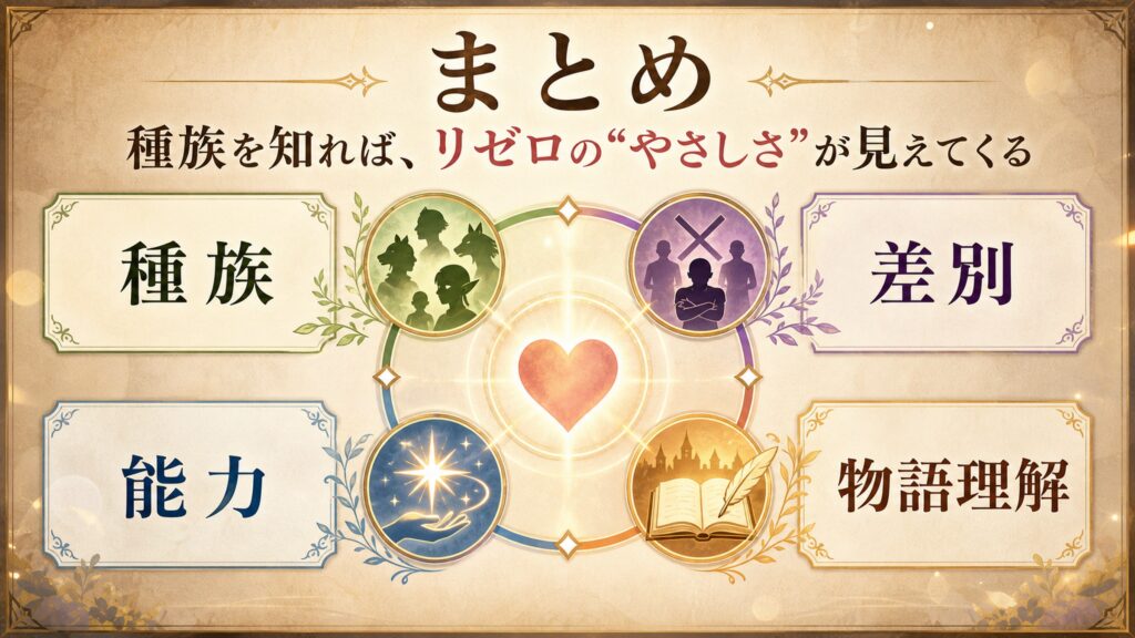 種族解説のまとめを種族、差別、能力、物語理解で整理した図解