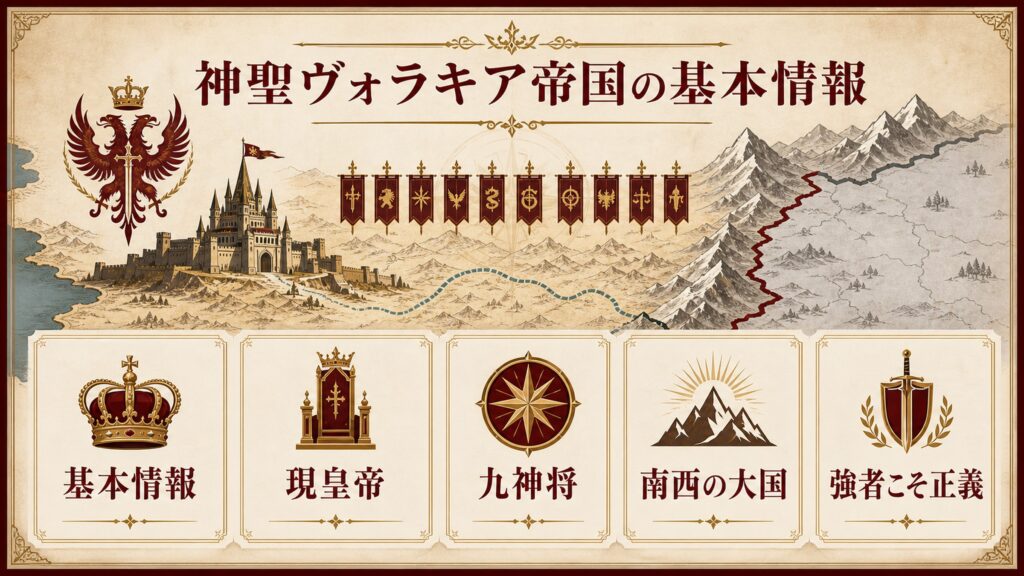 神聖ヴォラキア帝国の基本情報を現皇帝、九神将、南西の大国、強者こそ正義で整理した図解