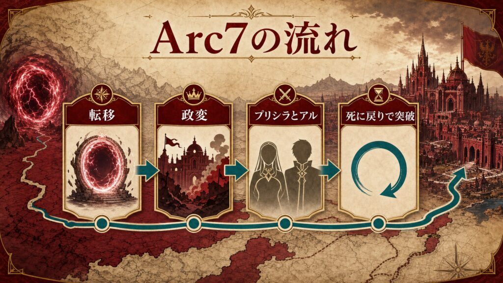 Arc7の流れを転移、政変、プリシラとアル、死に戻りで突破で整理した図解