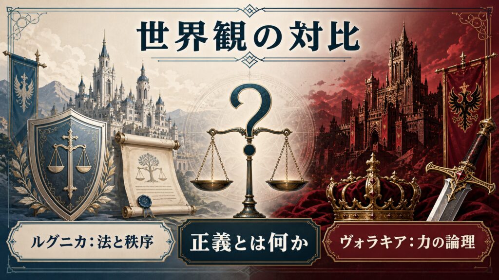 ヴォラキア帝国が示す世界観をルグニカの法と秩序、ヴォラキアの力の論理、正義とは何かで整理した図解