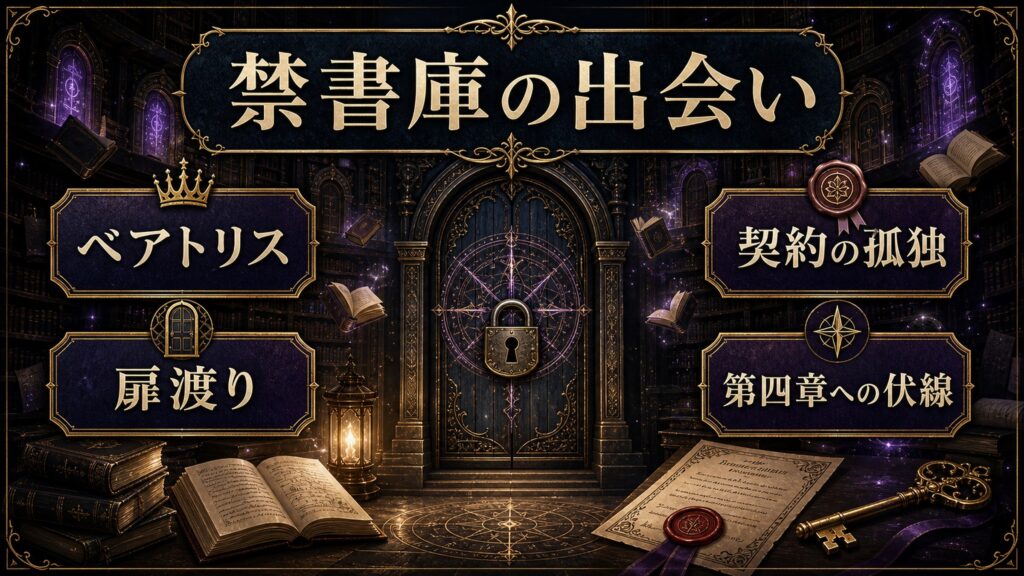 ベアトリスと禁書庫の出会いをベアトリス、扉渡り、契約の孤独、第四章への伏線で整理した図解