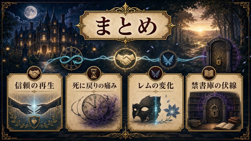 第2章のまとめを信頼の再生、死に戻りの痛み、レムの変化、禁書庫の伏線で整理した図解