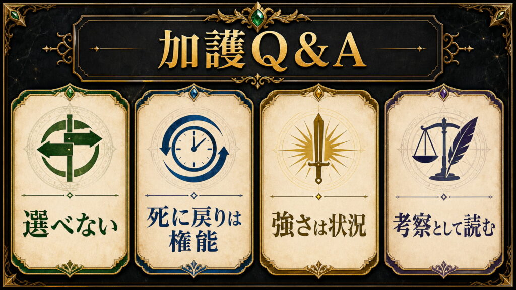 加護ランキングのQ&Aを選べない、死に戻りは権能、強さは状況、考察として読むで整理した図解