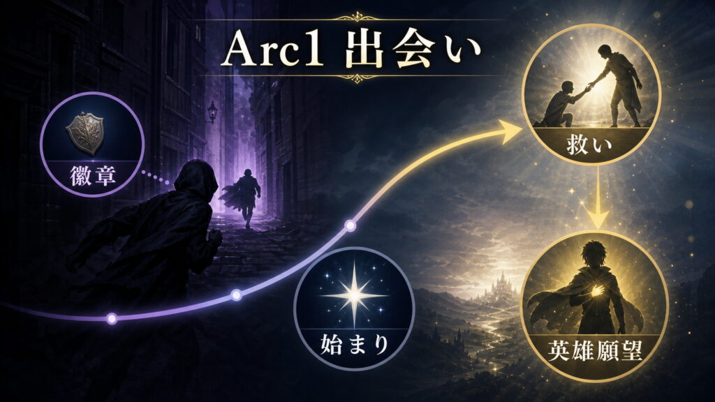 Arc1の出会いを救い、徽章、英雄願望、始まりで整理した図解