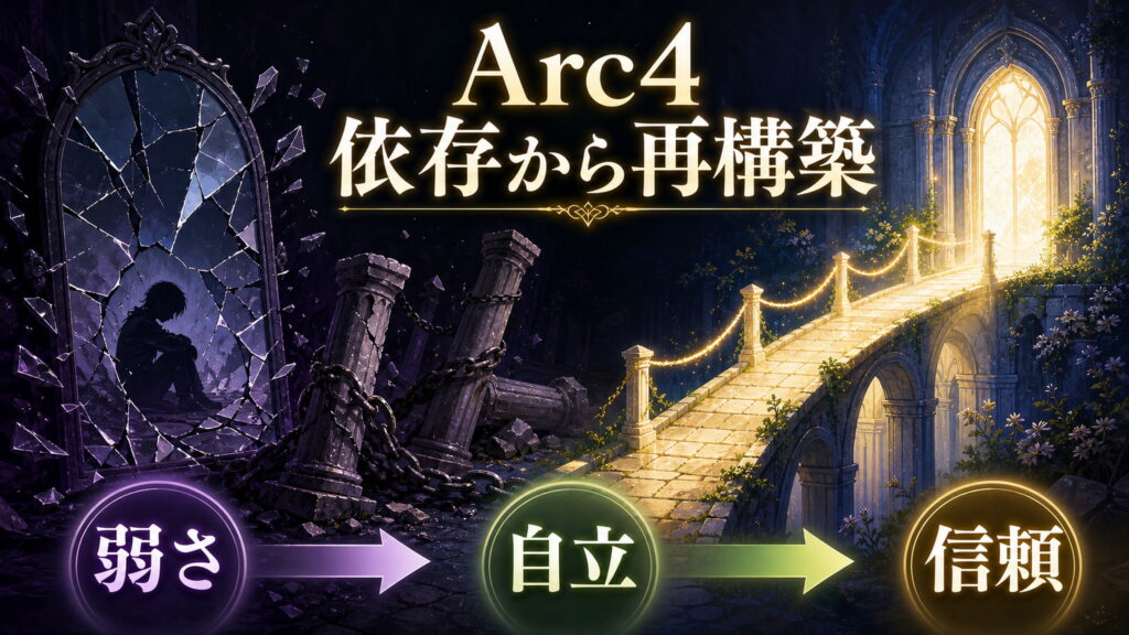 Arc4の愛の歪みと再構築を依存から再構築、弱さ、自立、信頼で整理した図解