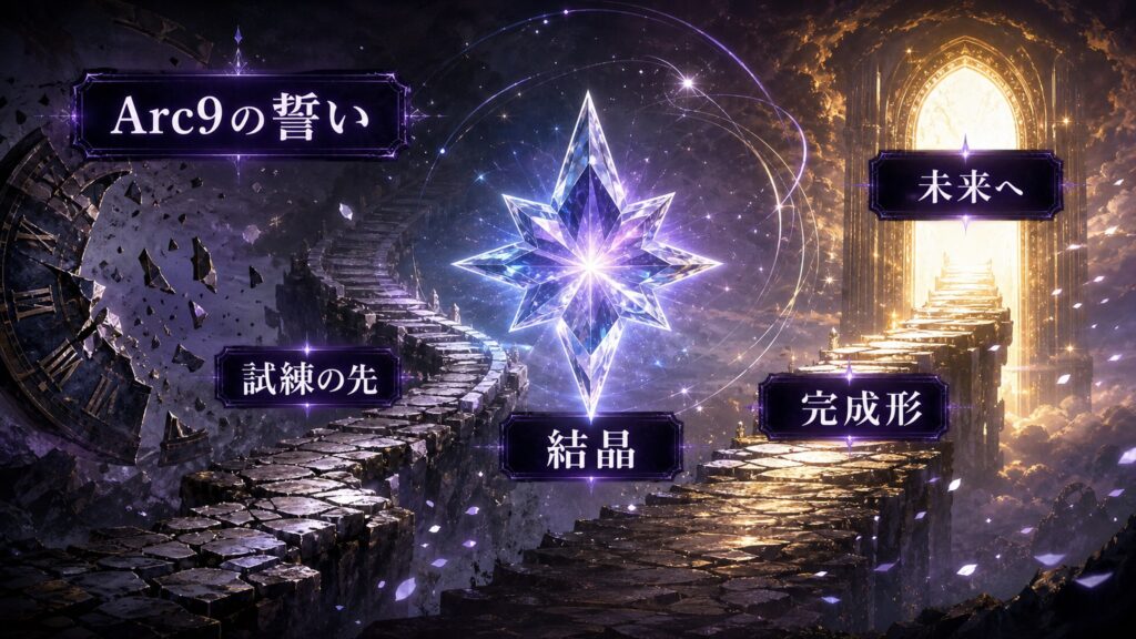 Arc9の誓いを試練の先、結晶、完成形、未来へという軸で整理した図解