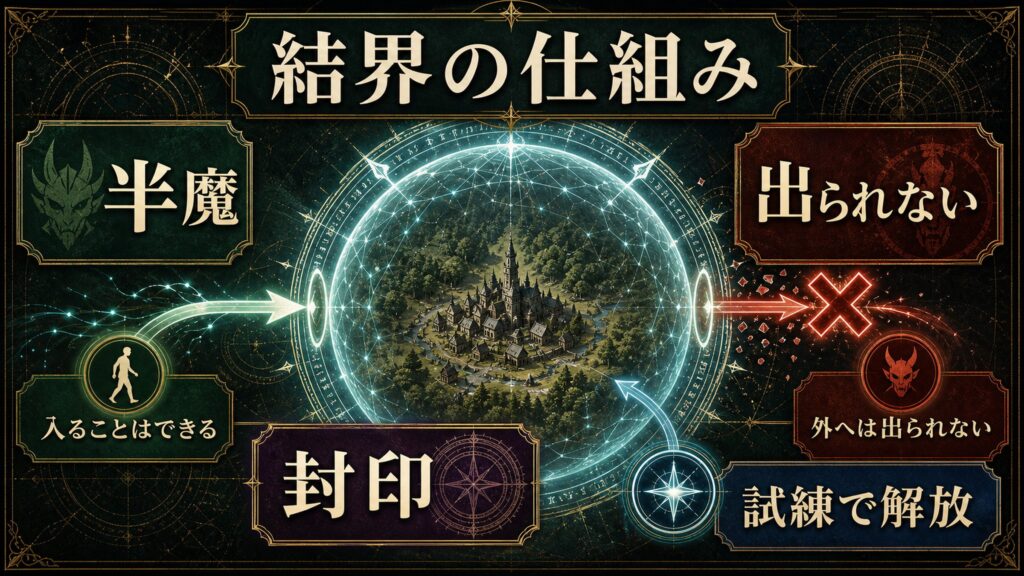 聖域の結界の仕組みを半魔、封印、出られない、試練で解放で整理した図解