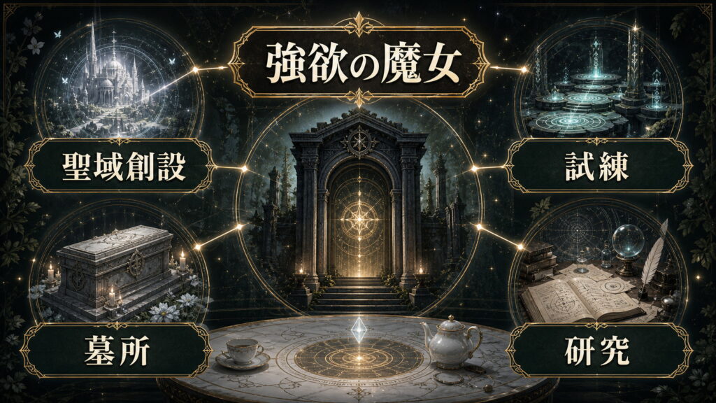 強欲の魔女と聖域の関係を聖域創設、墓所、試練、研究で整理した図解