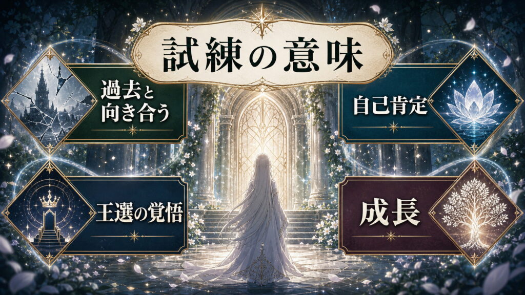 エミリアが試練に挑む意味を過去と向き合う、自己肯定、王選の覚悟、成長で整理した図解