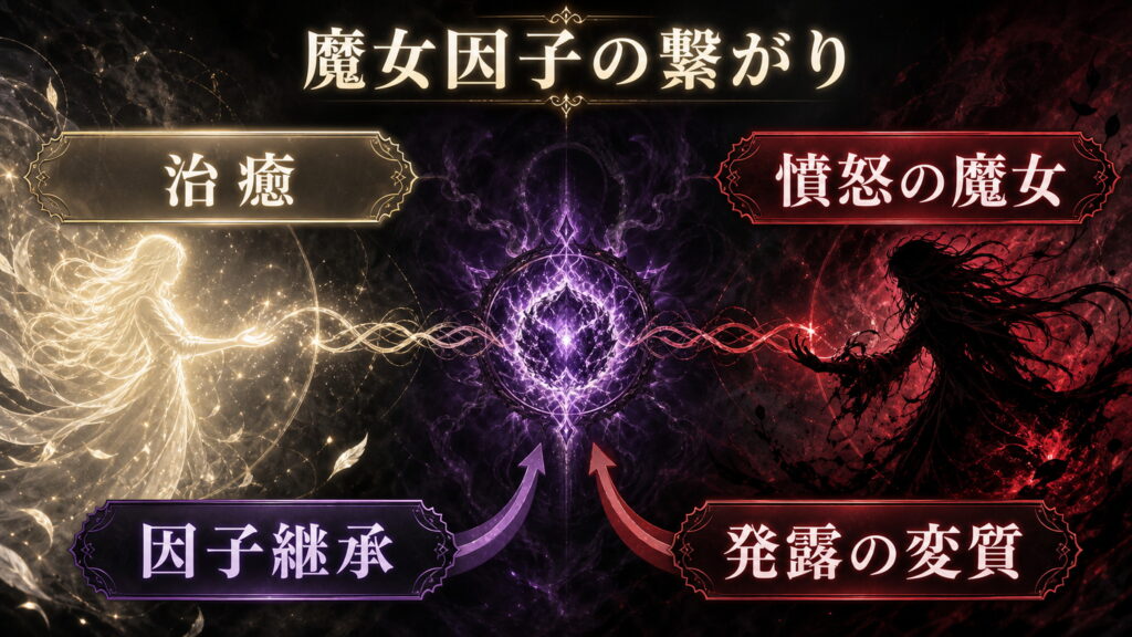 憤怒の魔女ミネルヴァとの繋がりを治癒、因子継承、発露の変質で整理した図解