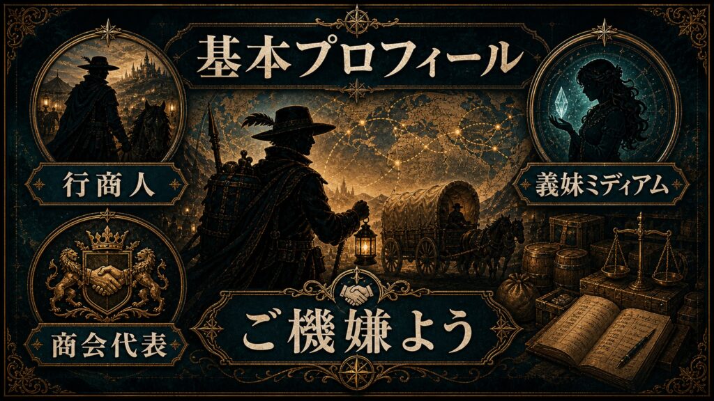 フロップの基本プロフィールを行商人、義妹ミディアム、商会代表、ご機嫌ようで整理した図解