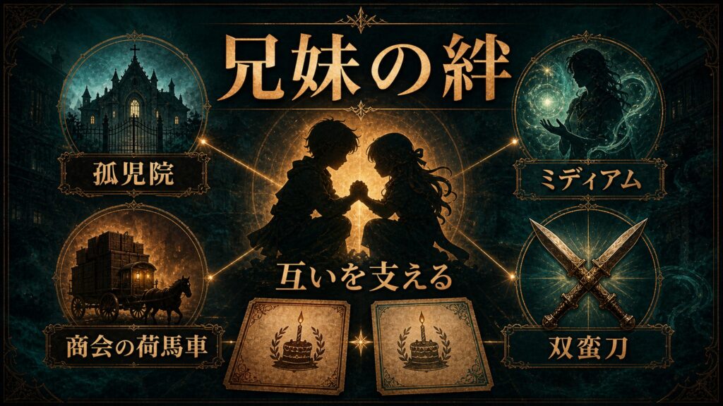 ミディアムとの兄妹の絆を孤児院、商会の荷馬車、双蛮刀、互いを支えるで整理した図解