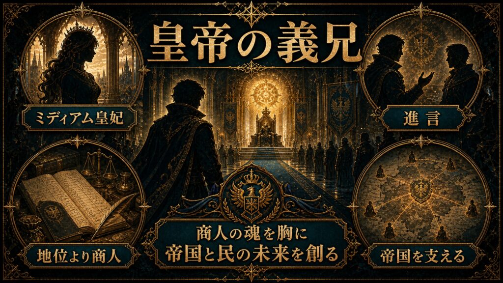 皇帝の義兄となるフロップをミディアム皇妃、進言、地位より商人、帝国を支えるで整理した図解