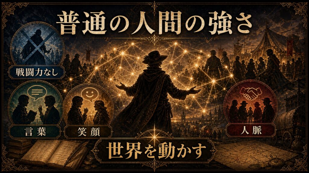 普通の人間の強さを戦闘力なし、言葉、笑顔、人脈、世界を動かすで整理した図解
