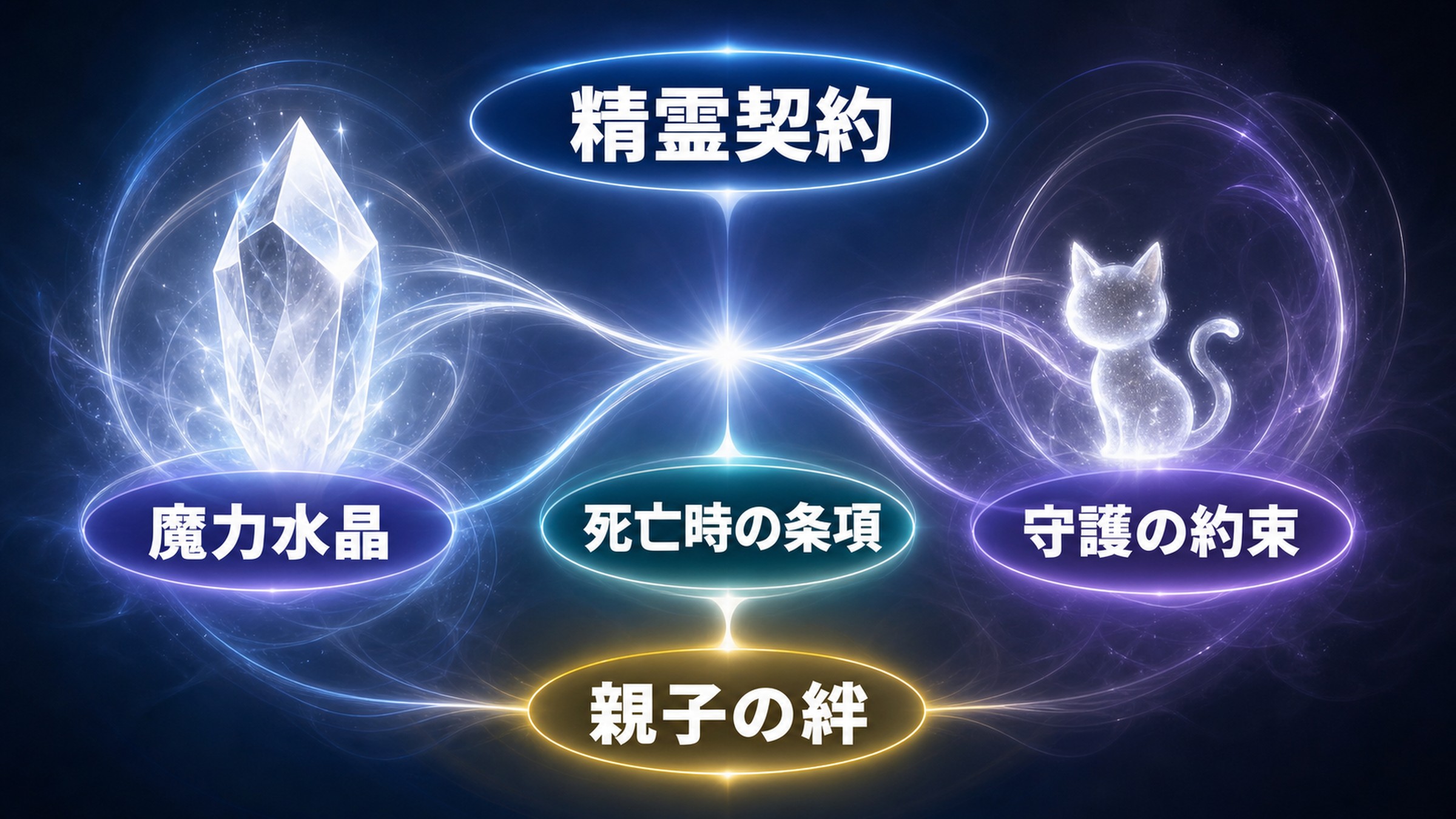 エミリアとの精霊契約を魔力水晶、守護の約束、死亡時の条項、親子の絆で整理した図解