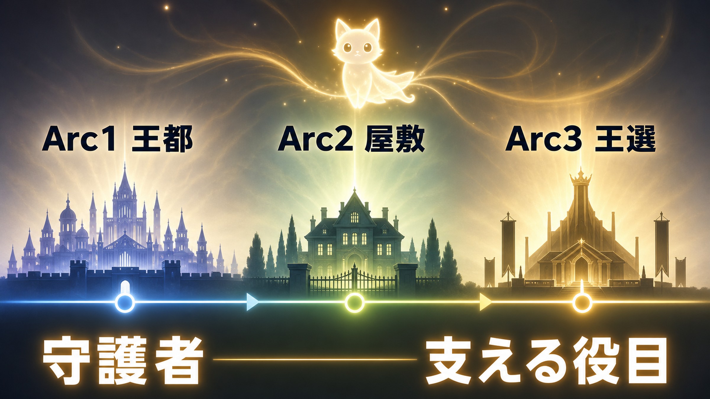 Arc1からArc3のパックを王都、屋敷、王選、守護者、支える役目で整理した図解