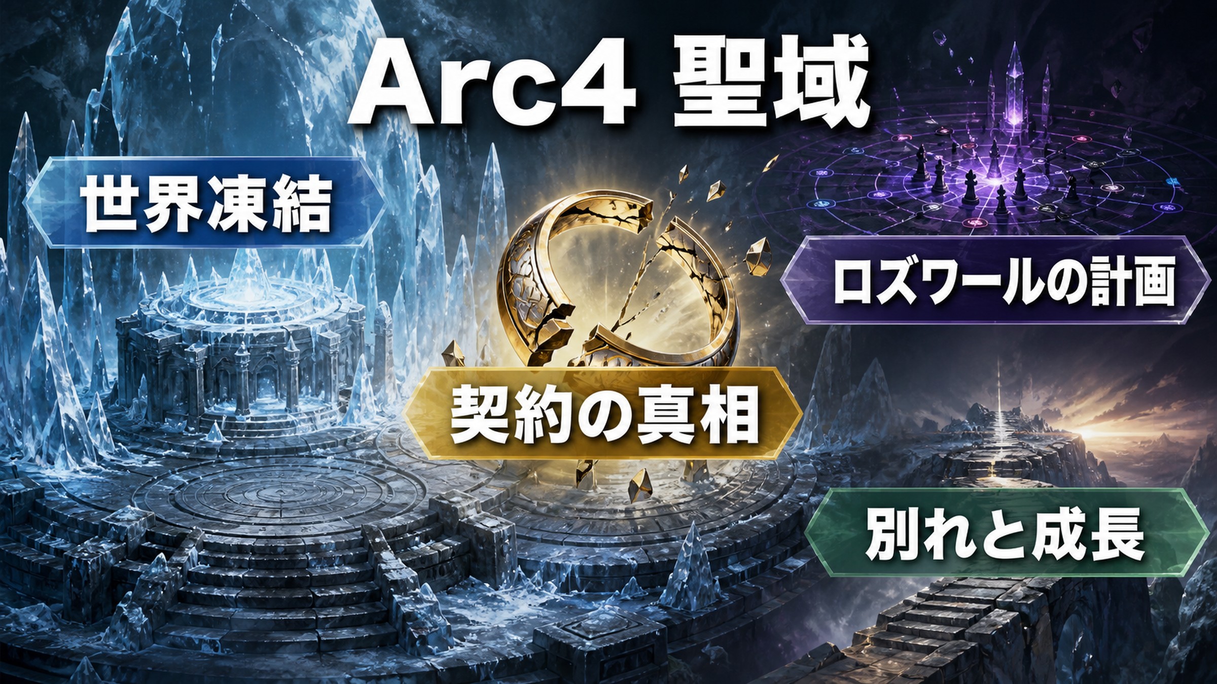 Arc4のパックを聖域、世界凍結、契約の真相、ロズワールの計画、別れと成長で整理した図解