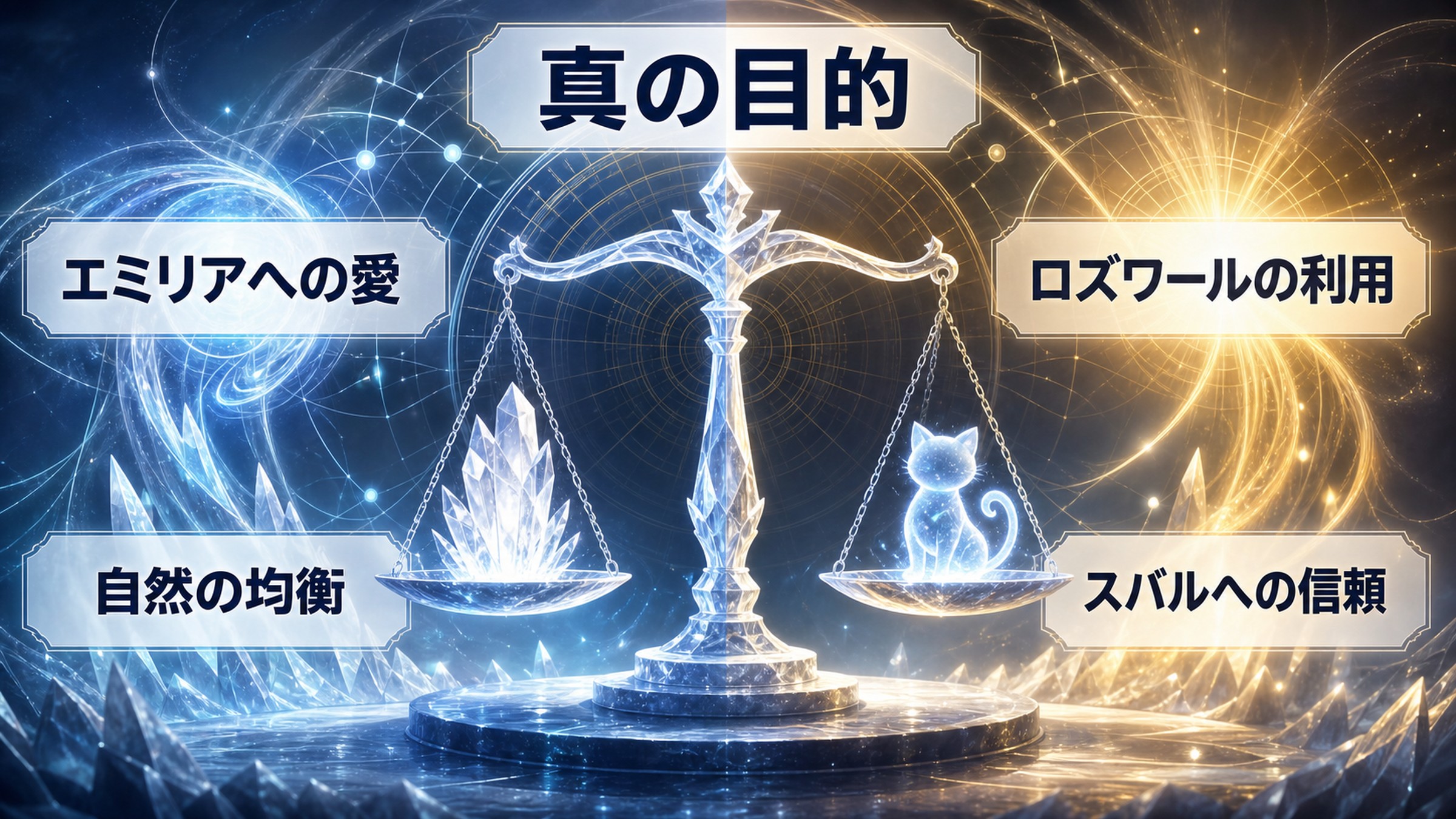 パックの真の目的をエミリアへの愛、自然の均衡、ロズワールの利用、スバルへの信頼で整理した図解
