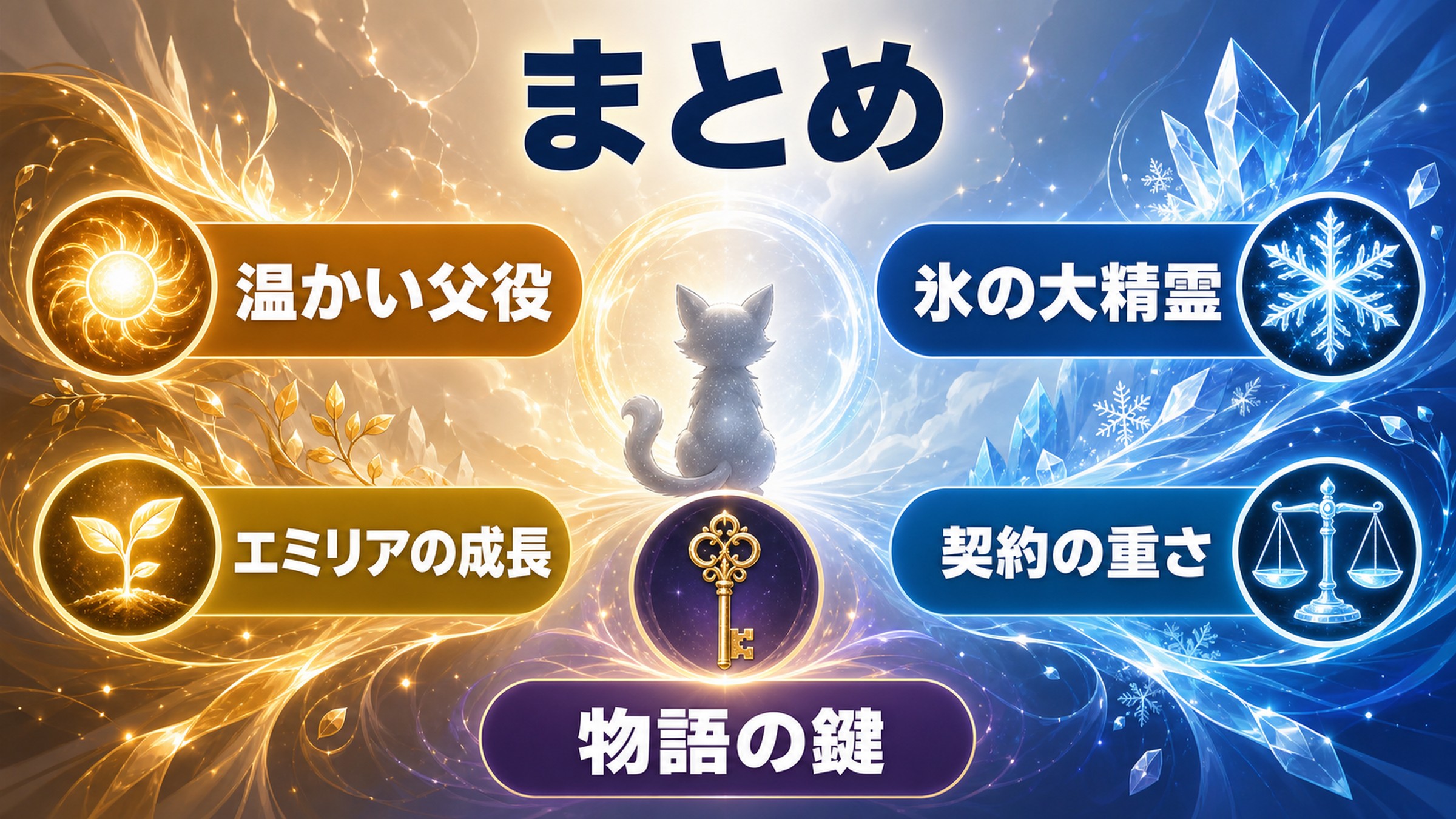 パックのまとめを温かい父役、氷の大精霊、契約の重さ、エミリアの成長、物語の鍵で整理した図解