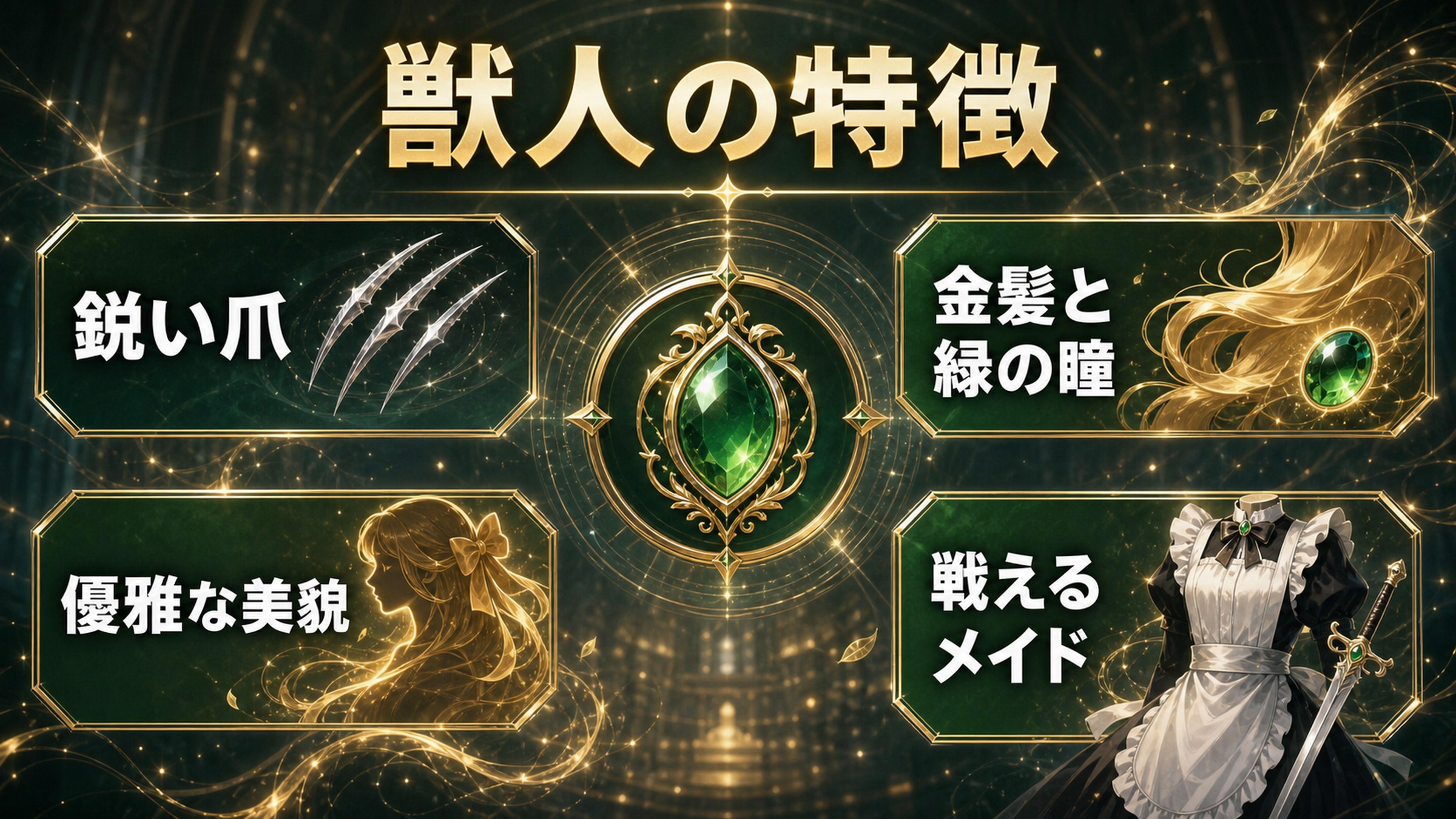 フレデリカの獣人の特徴を鋭い爪、金髪と緑の瞳、優雅な美貌、戦えるメイドで整理した図解
