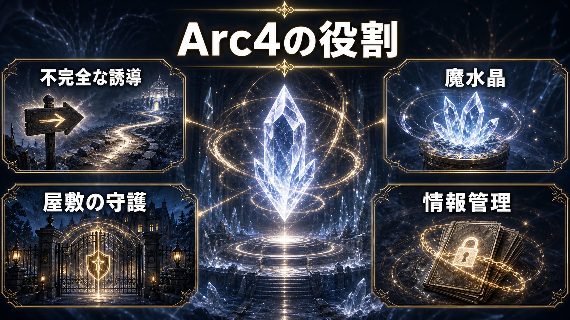 Arc4のフレデリカを不完全な誘導、魔水晶、屋敷の守護、情報管理で整理した図解