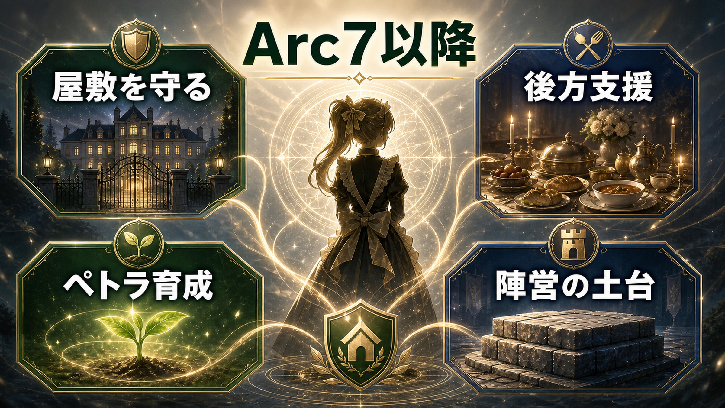 Arc7以降のフレデリカを屋敷を守る、後方支援、ペトラ育成、陣営の土台で整理した図解