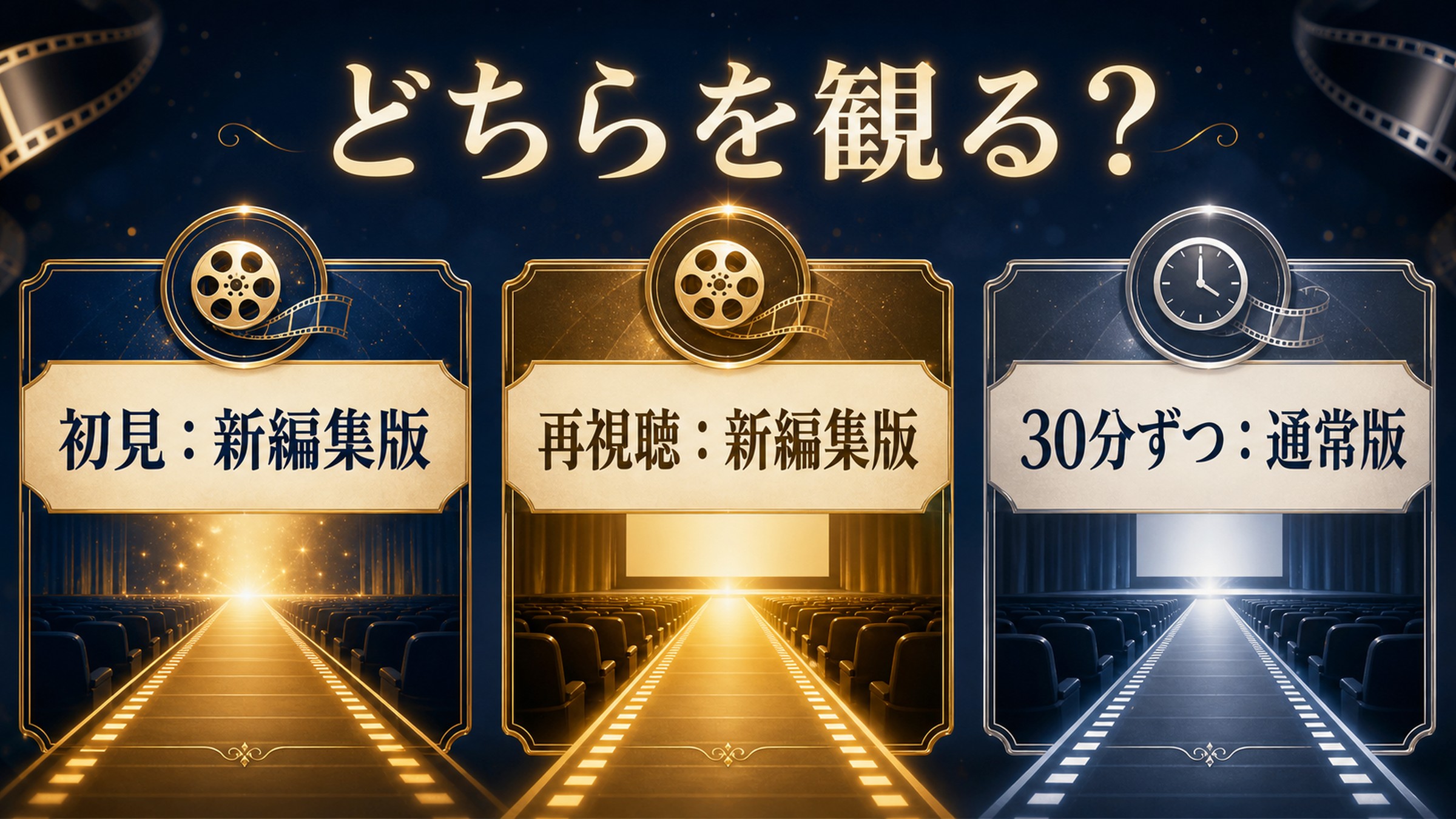どちらを観るべきかを初見、再視聴、30分ずつ観たい場合に分けて整理した図解