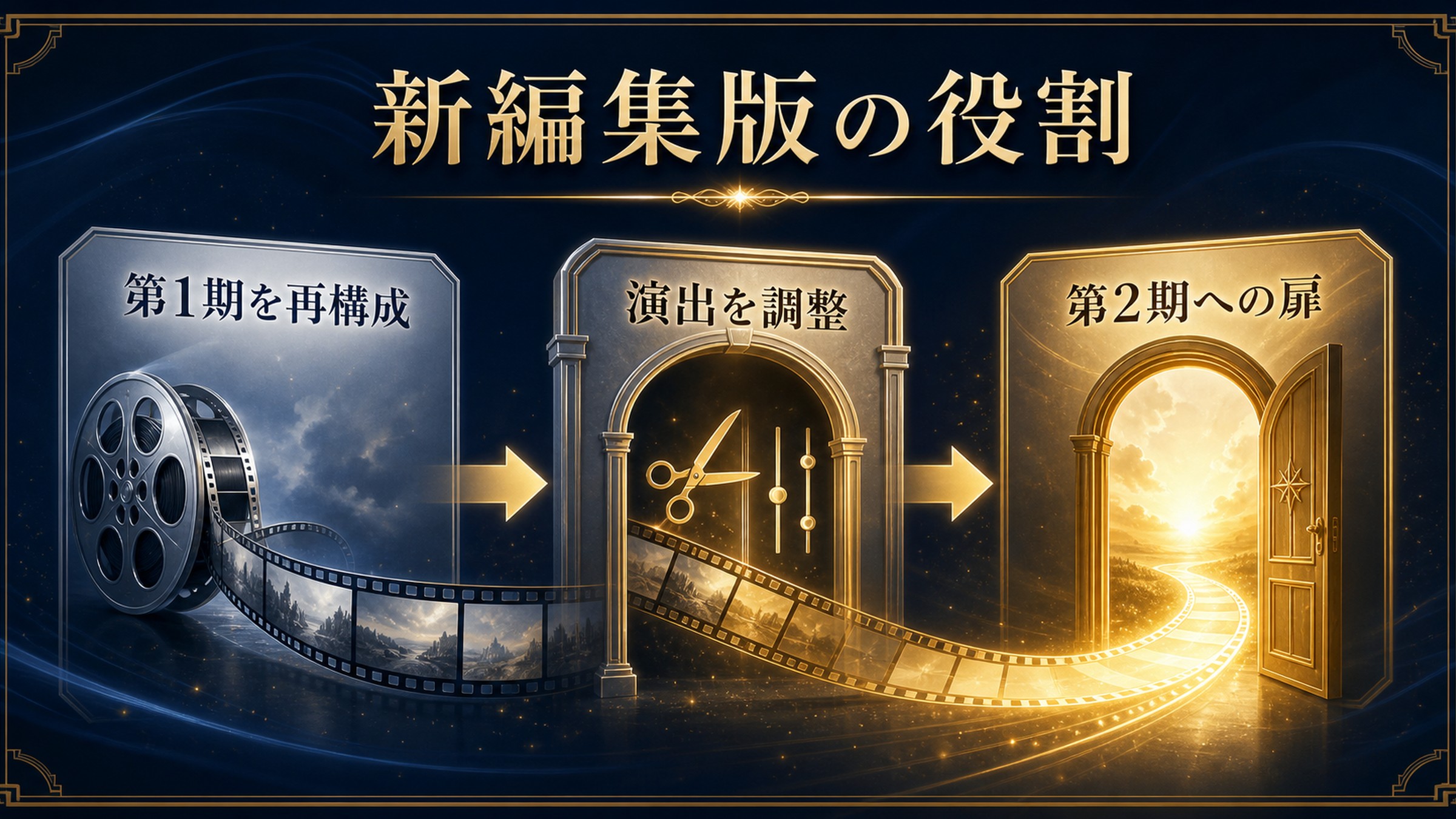 新編集版の役割を第1期の再構成、演出の調整、第2期への扉で整理した図解