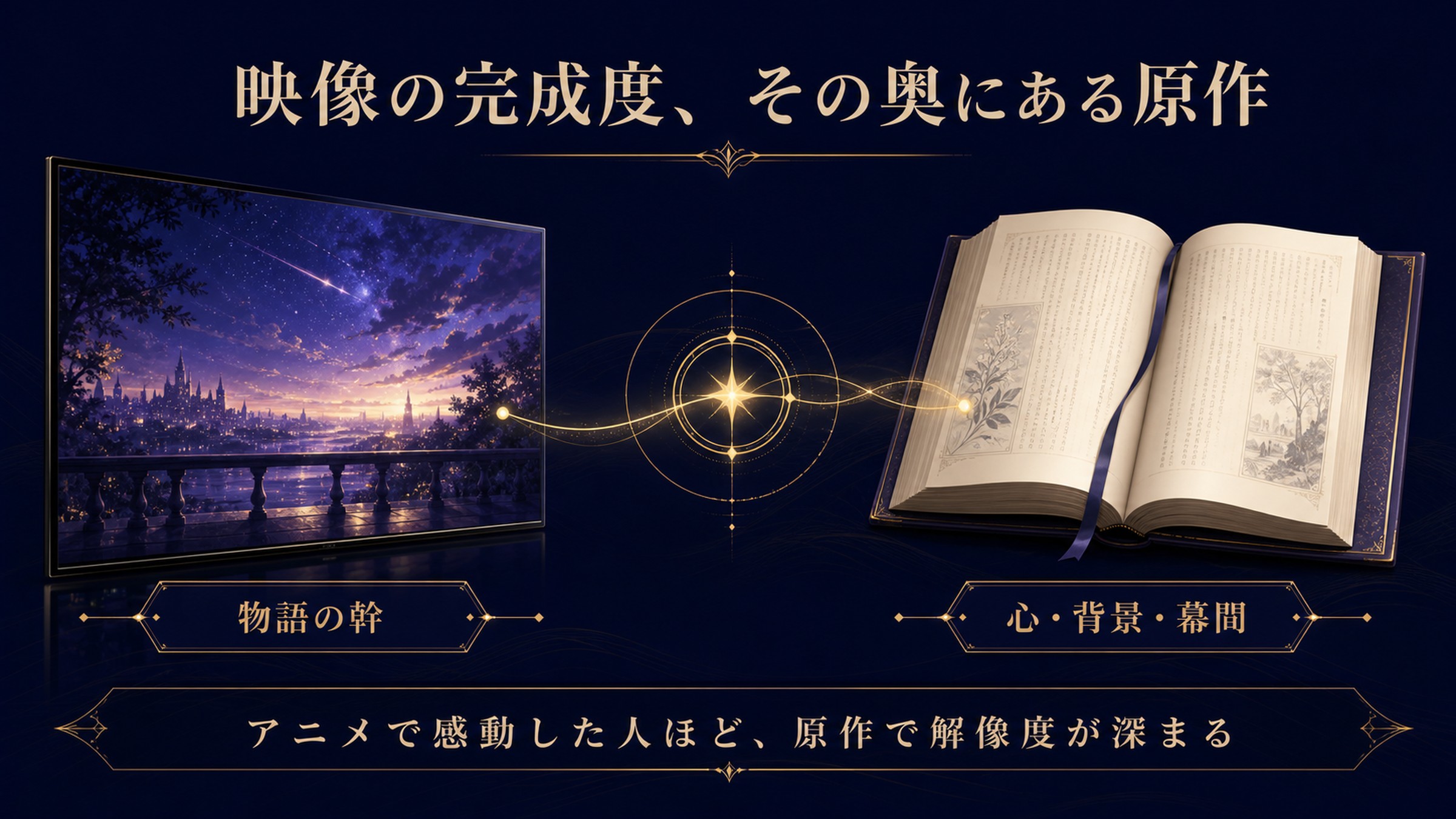 アニメ1期と原作の関係を物語の幹と心・背景・幕間の補完で整理した図解