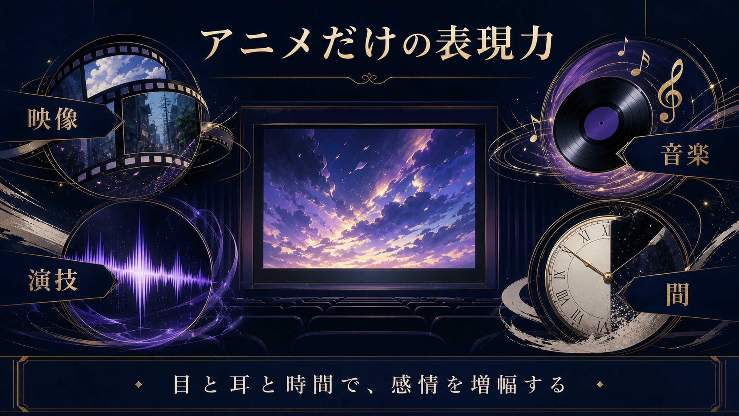 アニメだけの表現力を映像、演技、音楽、間で整理した図解