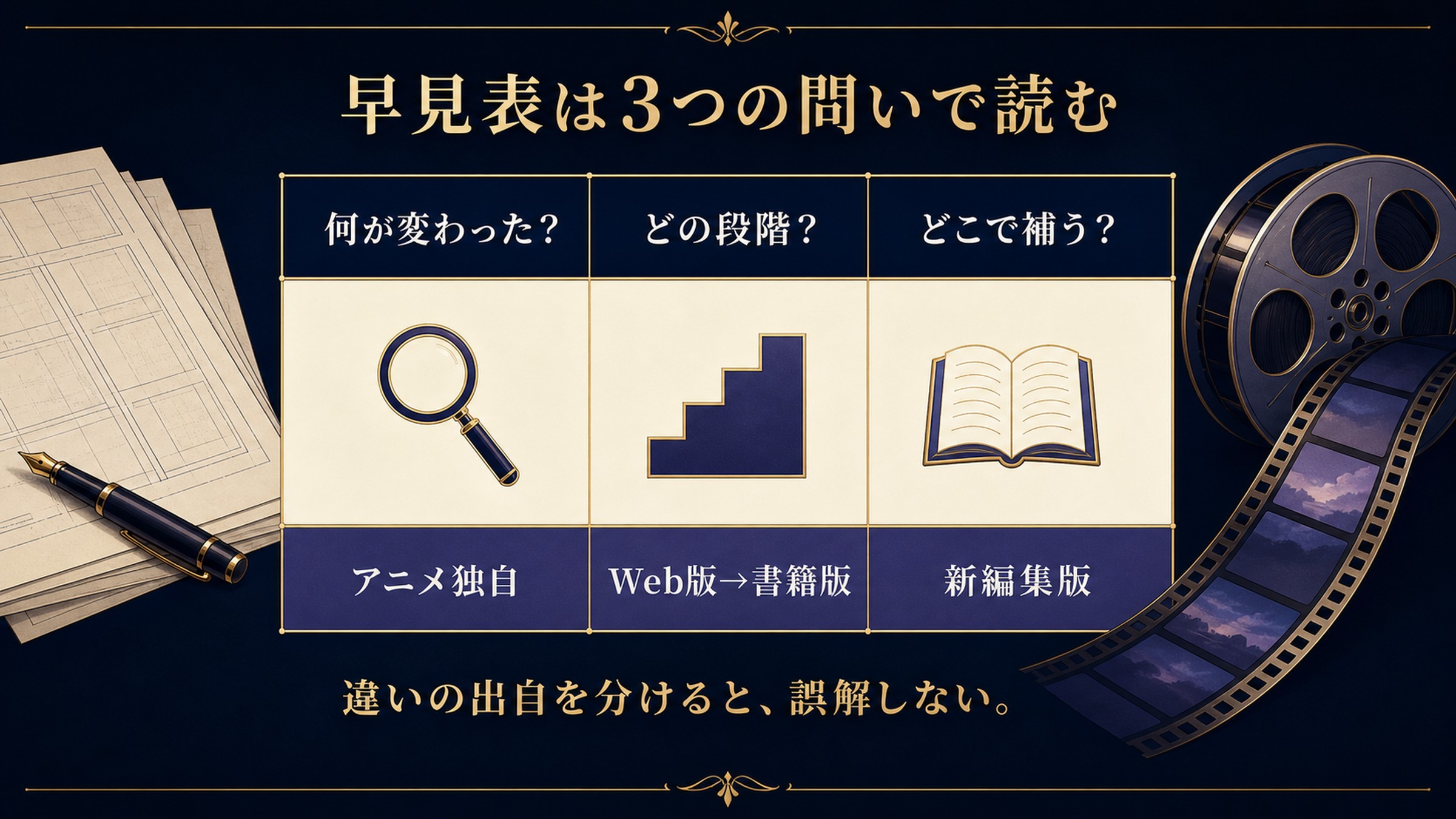 早見表の読み方を何が変わったか、どの段階の差か、どこで補うかの3つの問いで整理した図解