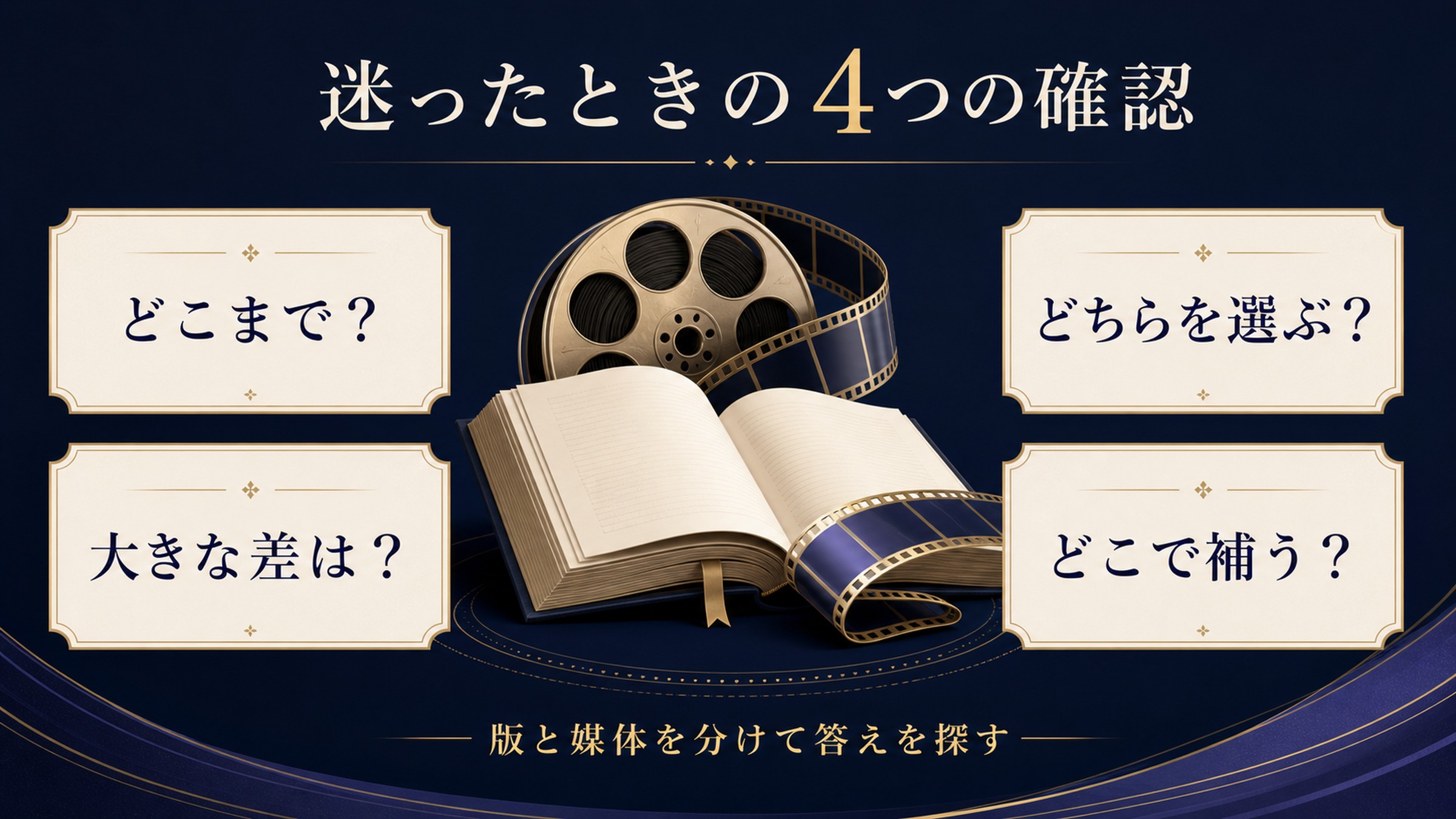 迷ったときの確認事項をどこまで映像化か、どちらを選ぶか、大きな差はどこか、どこで補うかで整理した図解