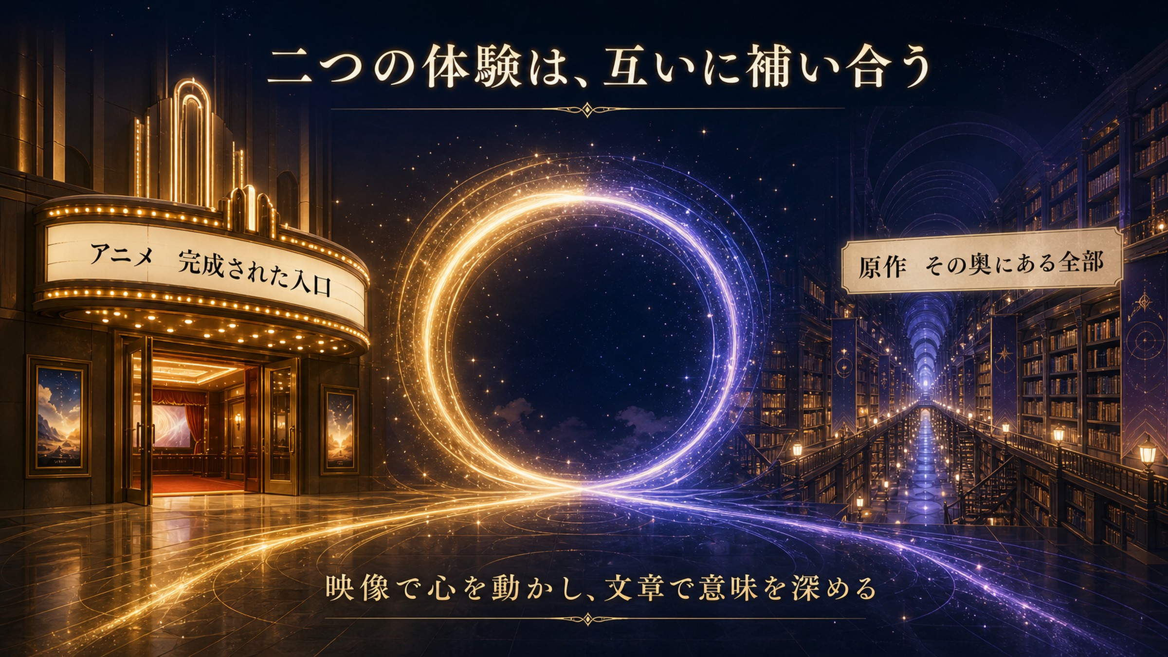 アニメ第1期と原作の関係を完成された入口とその奥にある全部という対比で整理した図解