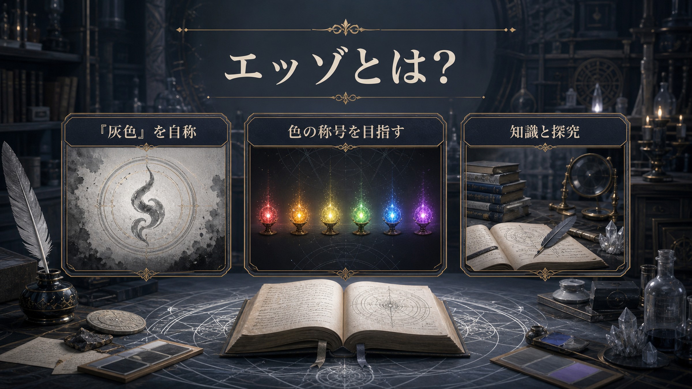 エッゾの人物像を『灰色』の自称、色の称号への志向、知識と探究で整理した図解