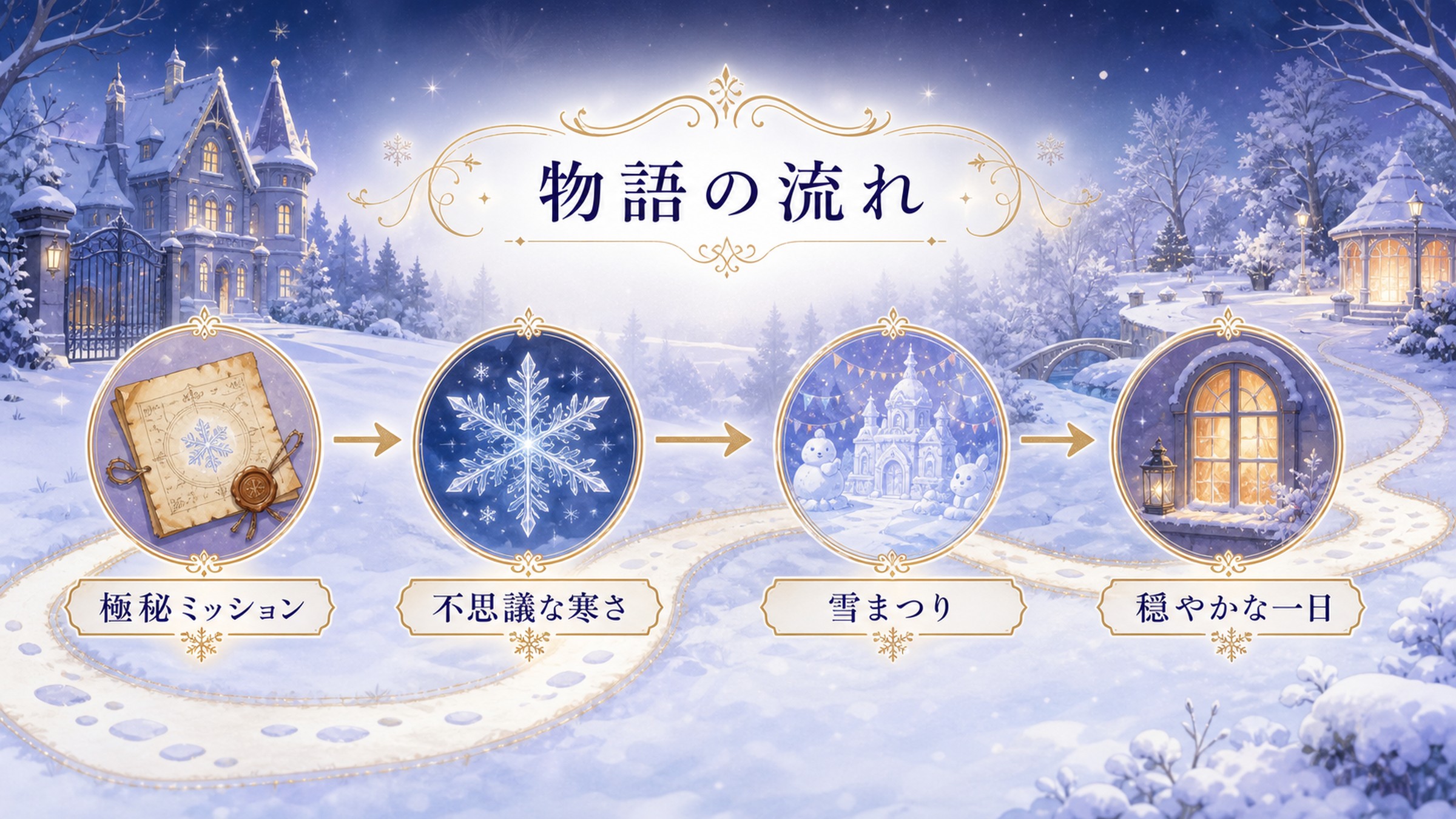 Memory Snowの物語の流れを極秘ミッション、不思議な寒さ、雪まつり、穏やかな一日で整理した図解